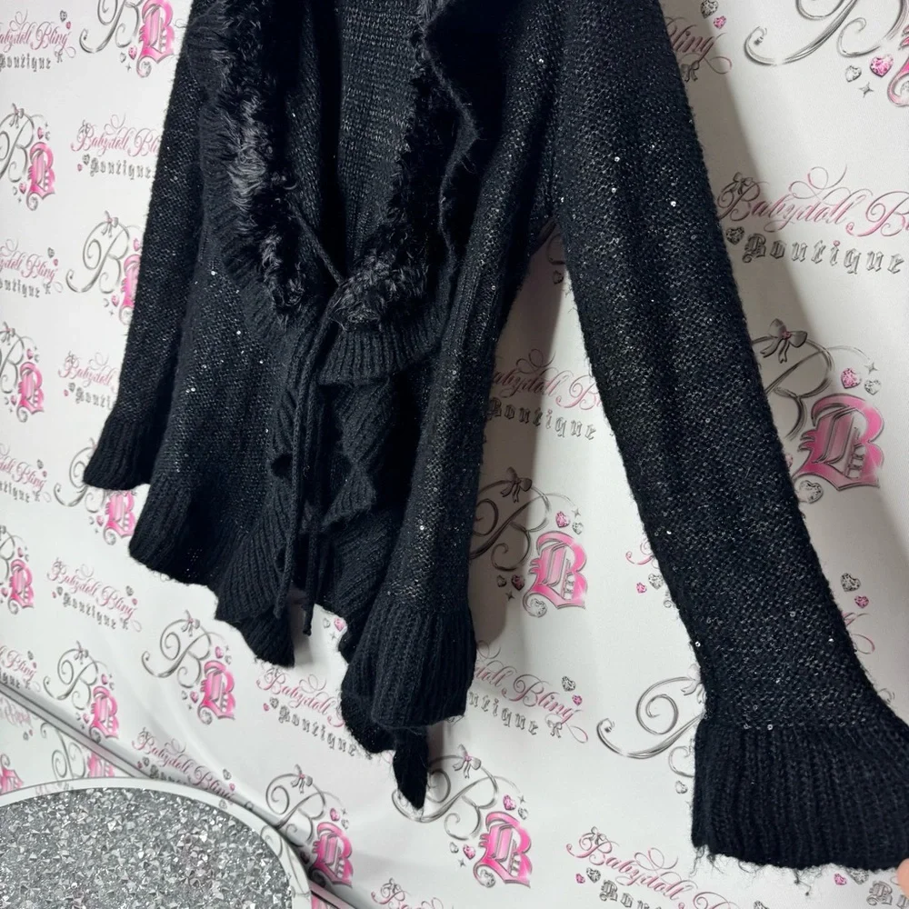 Valenti cardigan sequins sparkly furry fur neckline tie up Black Women's Sweater - Picture 2 of 10
